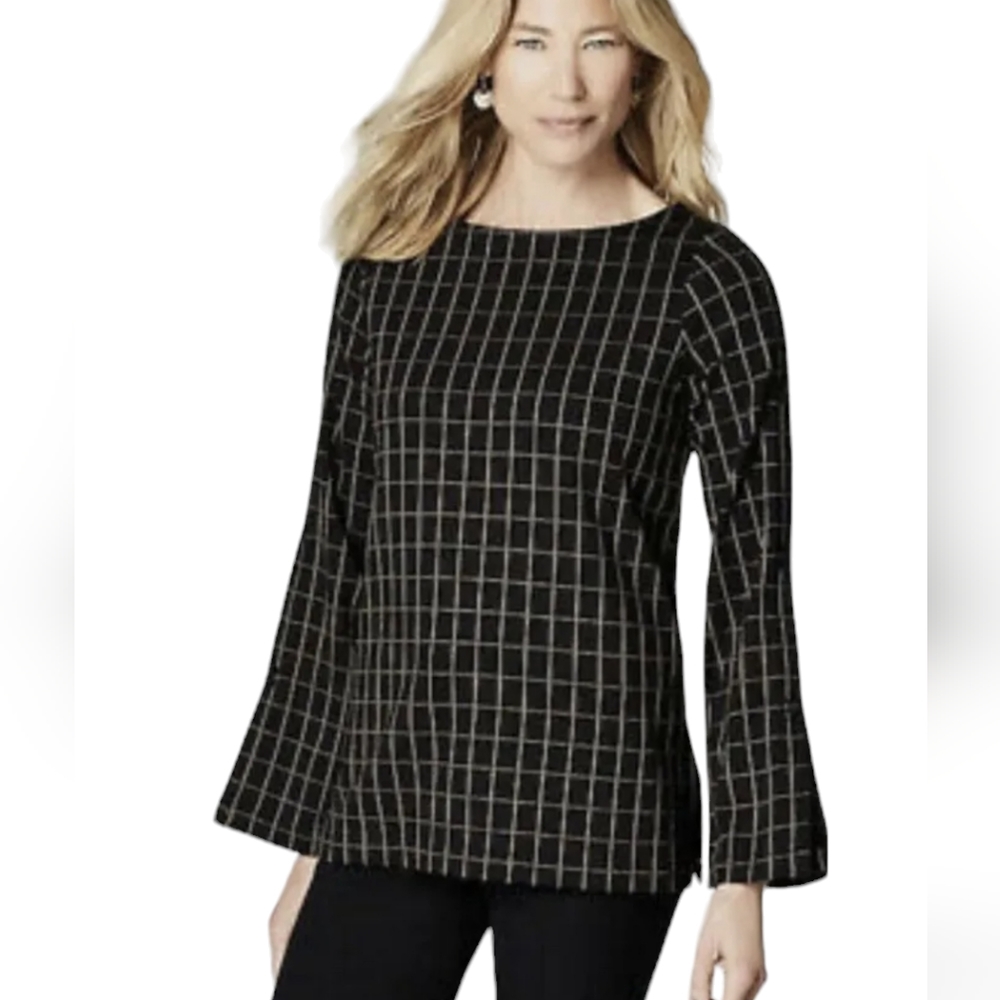 J. Jill Ponte Knit Buttoned Sleeve Top Blouse Black Camel Petite Large